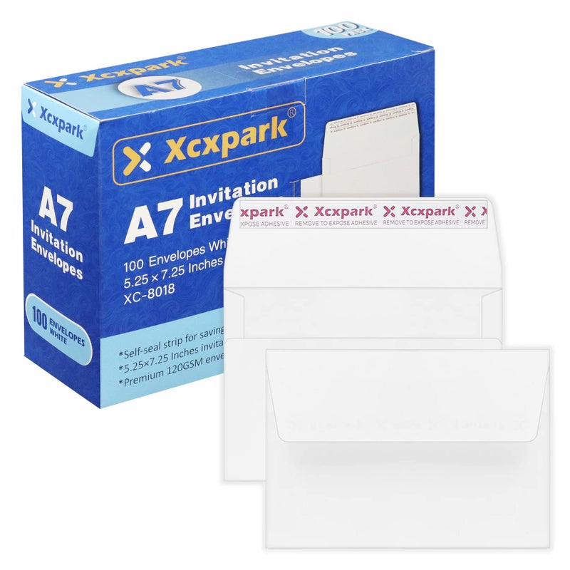 Xxcxpark أظرف دعوات قابلة للطباعة Xxcxpark 100 قطعة بحجم A7 5.25X7.25 بوصة، أظرف ورقية بيضاء 120GSM ذاتية الإغلاق للدعوات، الأوراق، الصور، الوثائق، حفلات الزفاف، حفلات استقبال المواليد، سهلة الإغلاق من خلال التقشير. - Image 1